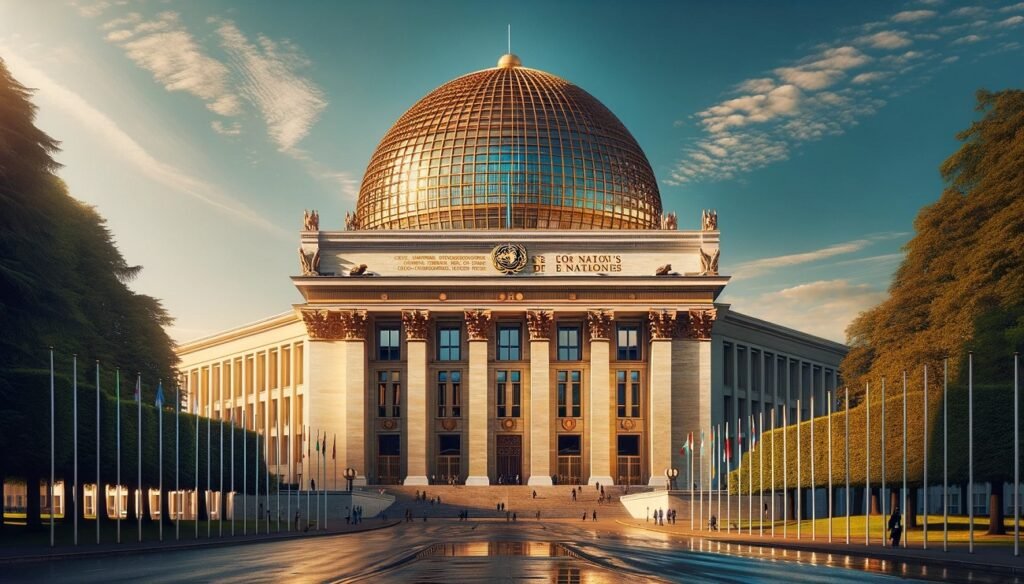 Photo of the Palais des Nations in Geneva with a backdrop of clear blue skies.