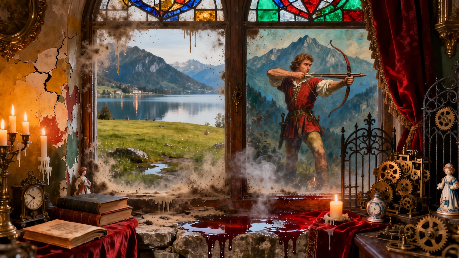 A split-screen editorial illustration contrasting Swiss history and myth. The left side shows the serene Rütli Meadow by Lake Lucerne (site of the 1291 Oath). The right side depicts a dramatic artistic rendering of William Tell with his crossbow (the 1307 legend). The image visually represents how the Tell myth was grafted onto the factual historical founding of Switzerland.