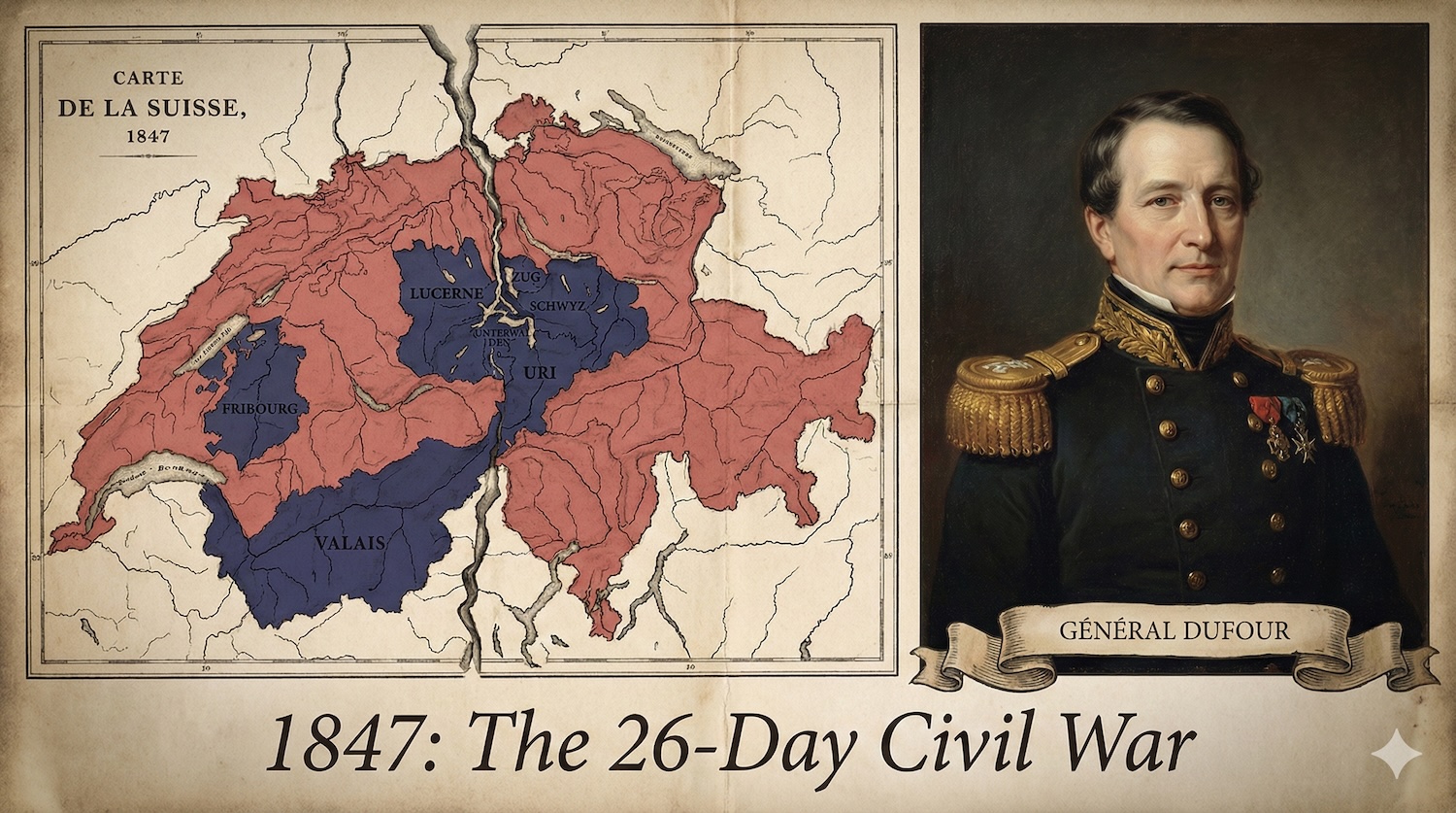 Historical composite illustration serving as a visual Sonderbund War summary. On the left, a 19th-century map shows Switzerland sharply divided between the Catholic rebel cantons and the Federal Diet. On the right is a portrait of General Guillaume-Henri Dufour, the commander who ended the civil war in 1847 with minimal bloodshed.