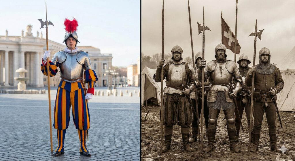 A split-screen comparison illustrating the evolution of Swiss mercenaries history. The left side shows a modern Pontifical Swiss Guard in a colorful ceremonial uniform, while the right side depicts a gritty, sepia-toned medieval Swiss mercenary with a pike, representing the bloody reality of the 1515 Battle of Marignano.