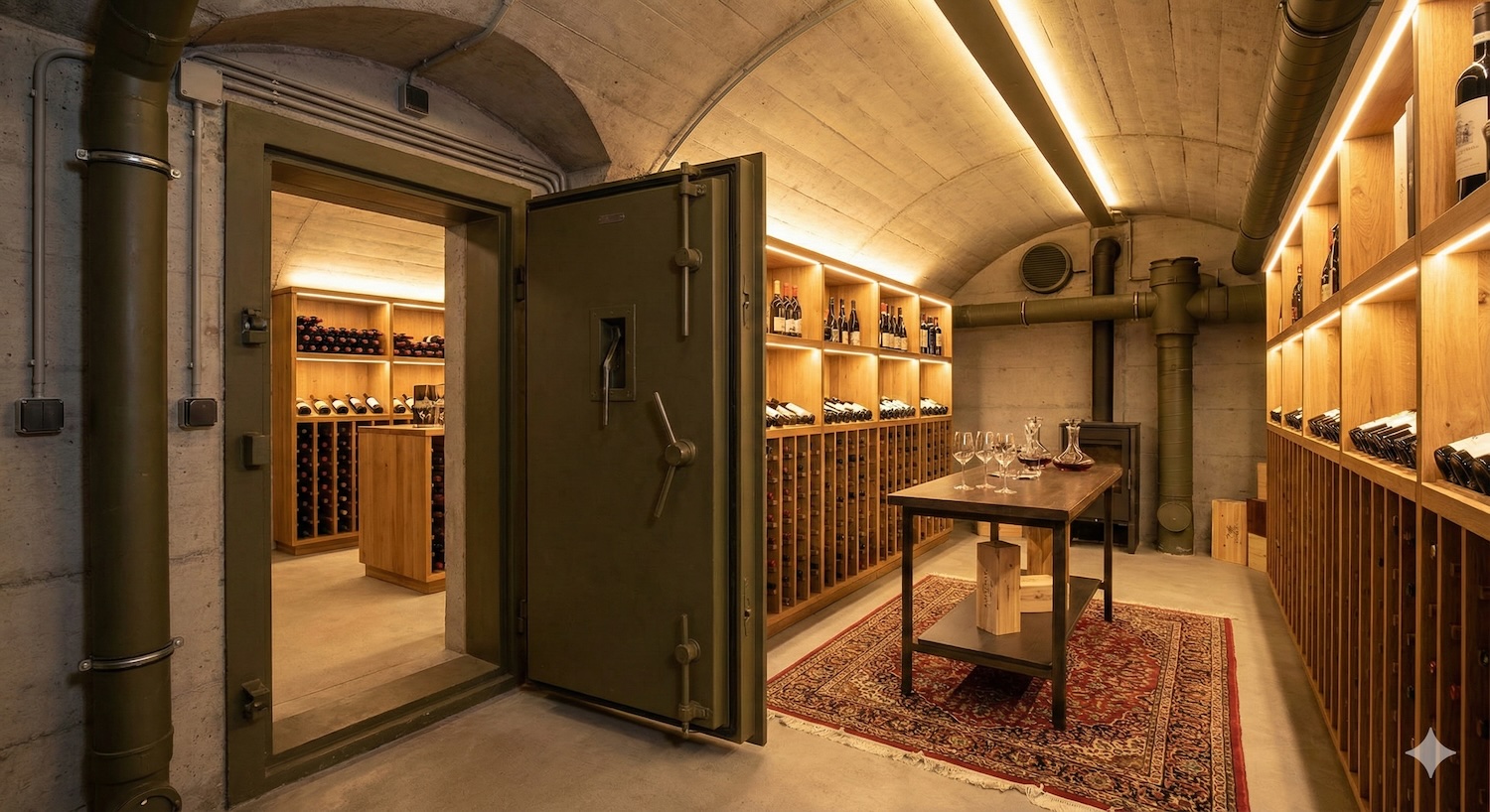 A heavy, yellow steel blast door inside a private Swiss nuclear bunker, contrasting with the modern wooden wine racks and bottles stored inside. The image illustrates how mandatory civil defense shelters in Switzerland are often repurposed as wine cellars or storage rooms during peacetime.