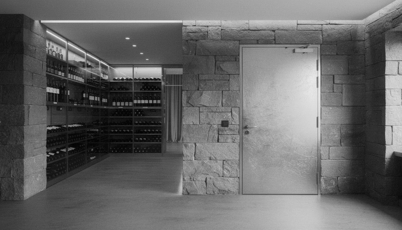 High-end architectural photography of a modern Swiss residence featuring a reinforced steel blast door seamlessly integrated into a luxury wine cellar. The image illustrates how design adapts to the Swiss nuclear bunker law, blending mandatory civil defense infrastructure with sophisticated interior design.
