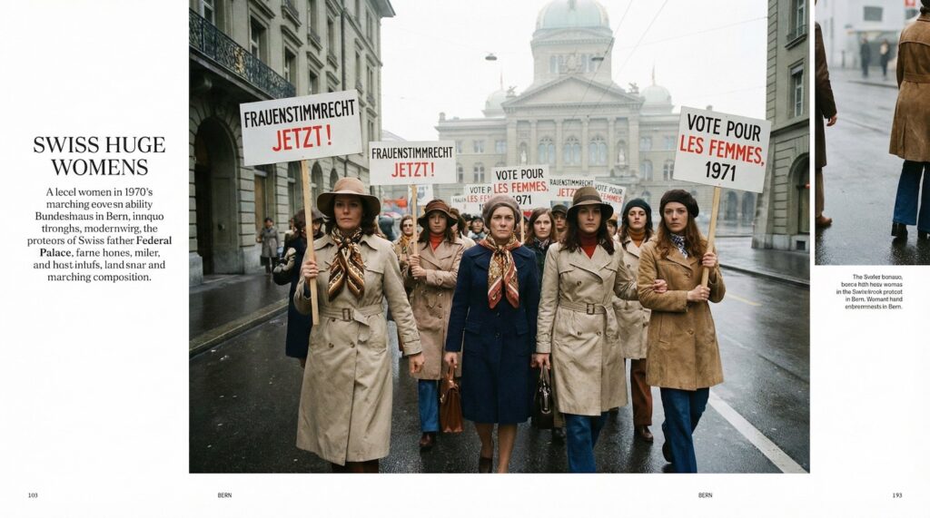 Historic reenactment of the 1969 March on Bern, showing Swiss women in 1970s fashion holding placards demanding voting rights in front of the Federal Palace