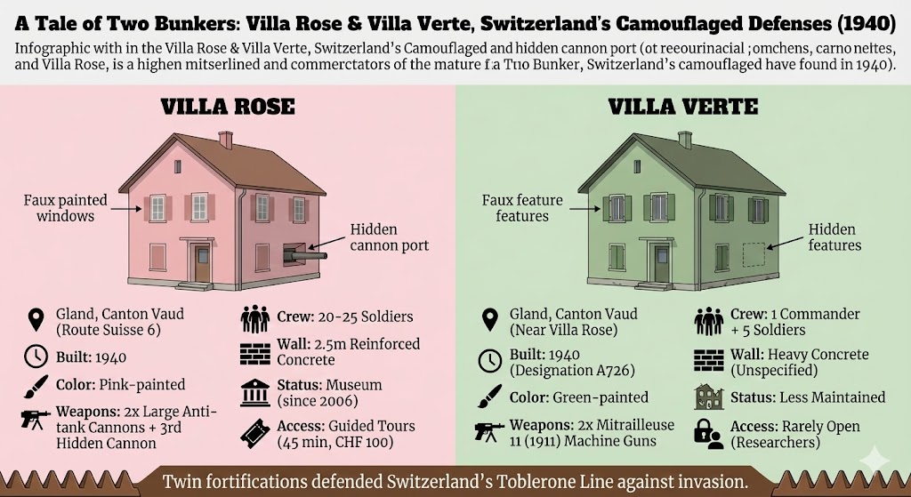 Infographic comparison table titled 'Villa Rose vs Villa Verte Specifications,' analyzing two famous Swiss camouflage bunkers. The chart contrasts the pink Villa Rose (armed with anti-tank cannons, now a museum) against the green Villa Verte (armed with machine guns, currently restricted). Data includes location on the Toblerone Line, weaponry, and wall thickness
