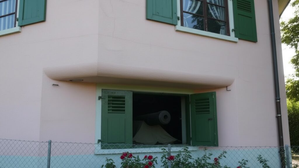 A close-up photograph of the Villa Rose, one of the most famous Swiss camouflage bunkers disguised as a residential home. The image reveals a concrete structure painted pink with fake windows, designed to hide an anti-tank cannon.