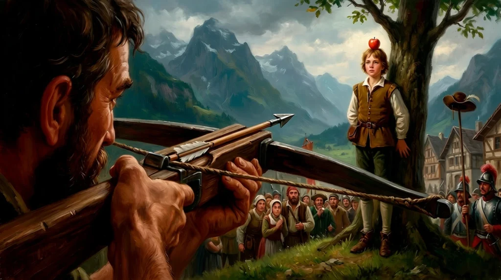 Dramatic historical illustration of William Tell aiming a crossbow at an apple on his son's head. The image depicts the famous 1307 legend in Altdorf, Switzerland, capturing the tension of the myth that defines Swiss independence.
