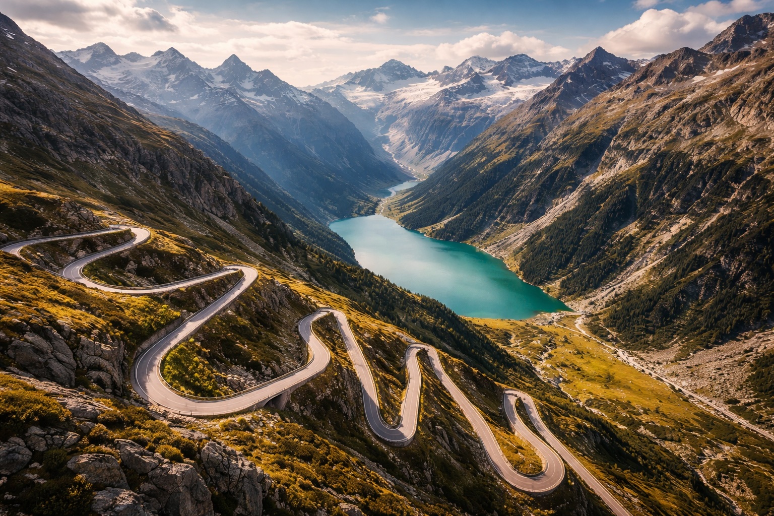 Winding scenic mountain road through the Swiss Alps with hairpin bends and a glacial lake below