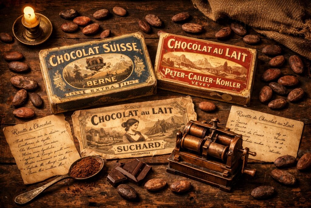 Vintage flat lay of antique Swiss chocolate packaging, cocoa beans, and historical recipe cards representing the 19th century origins of Swiss chocolate