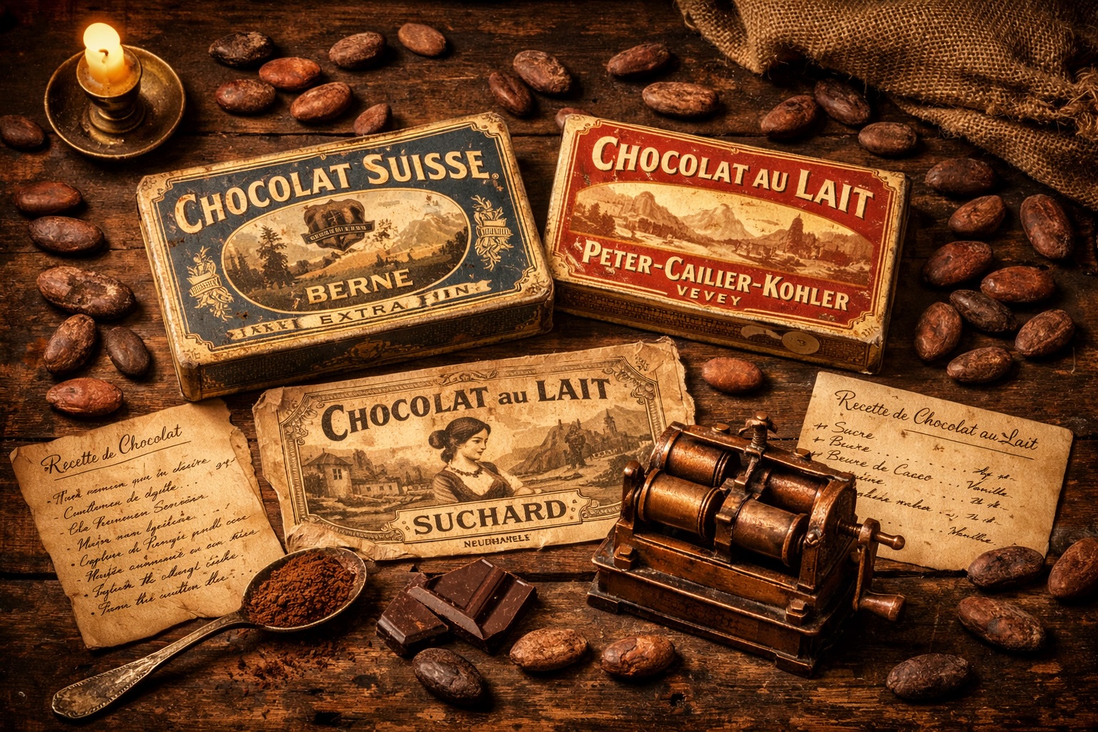 Vintage flat lay of antique Swiss chocolate packaging, cocoa beans, and historical recipe cards representing the 19th century origins of Swiss chocolate