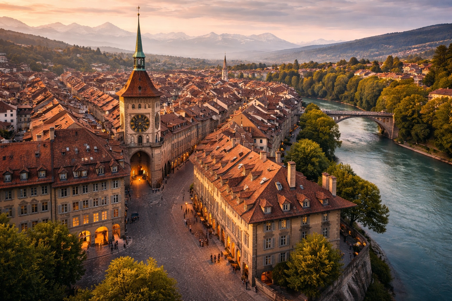 Aerial golden hour view of the Old Town of Bern with medieval arcades, the Zytglogge clock tower and the Aare river — UNESCO World Heritage Site