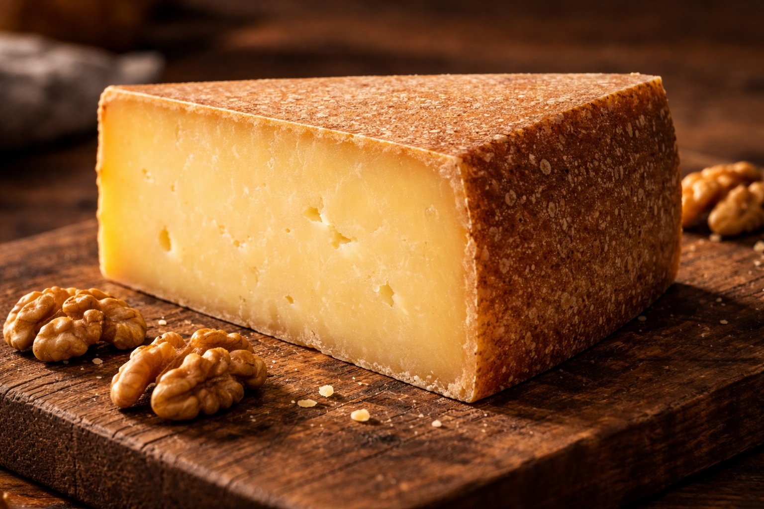Close-up of an aged Gruyère AOP wedge with a firm brown rind and crystalline pale-yellow paste on a wooden cutting board