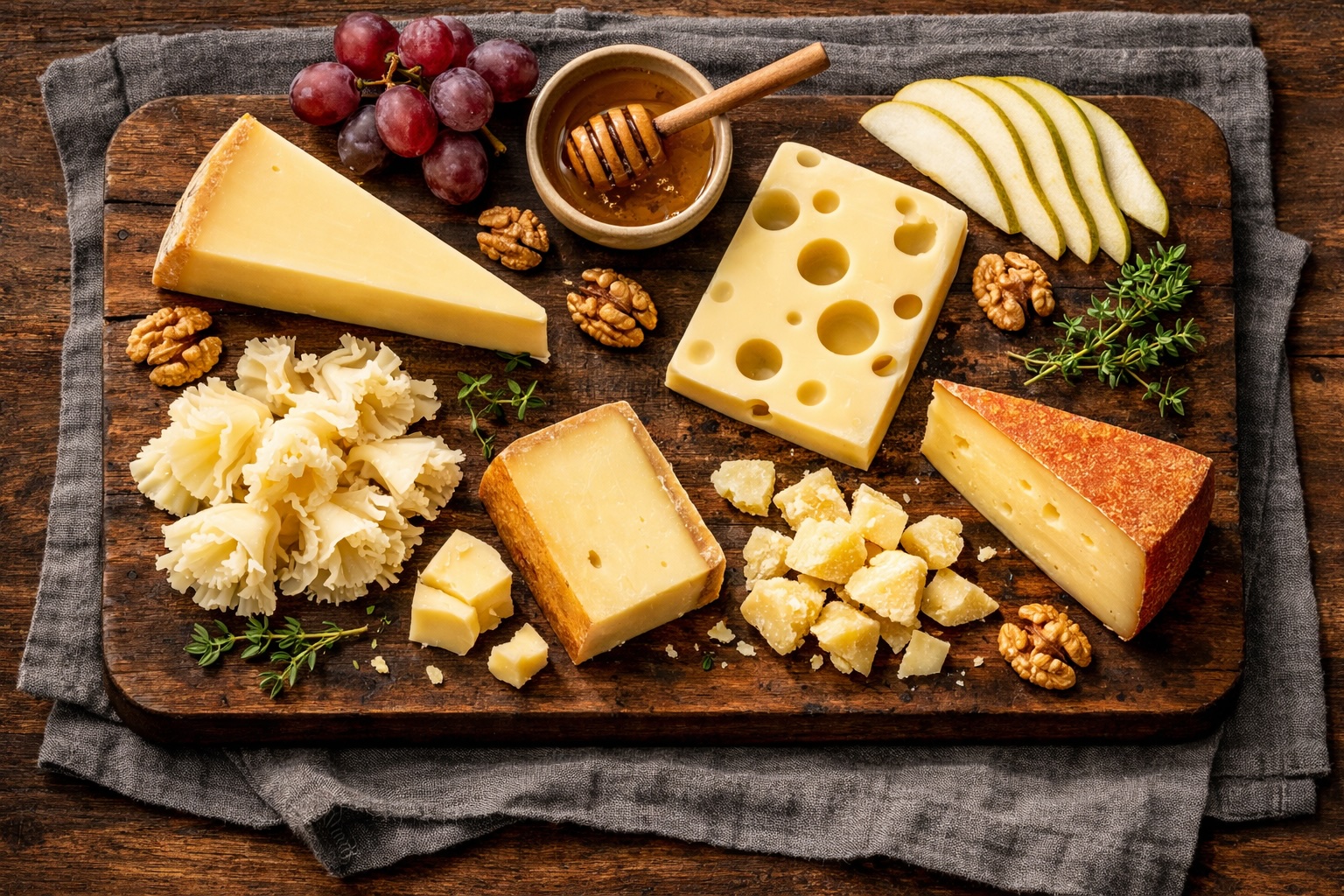 Rustic wooden board with six types of Swiss cheese including Gruyère, Emmentaler, and Tête de Moine rosettes, garnished with walnuts, honey, and pears