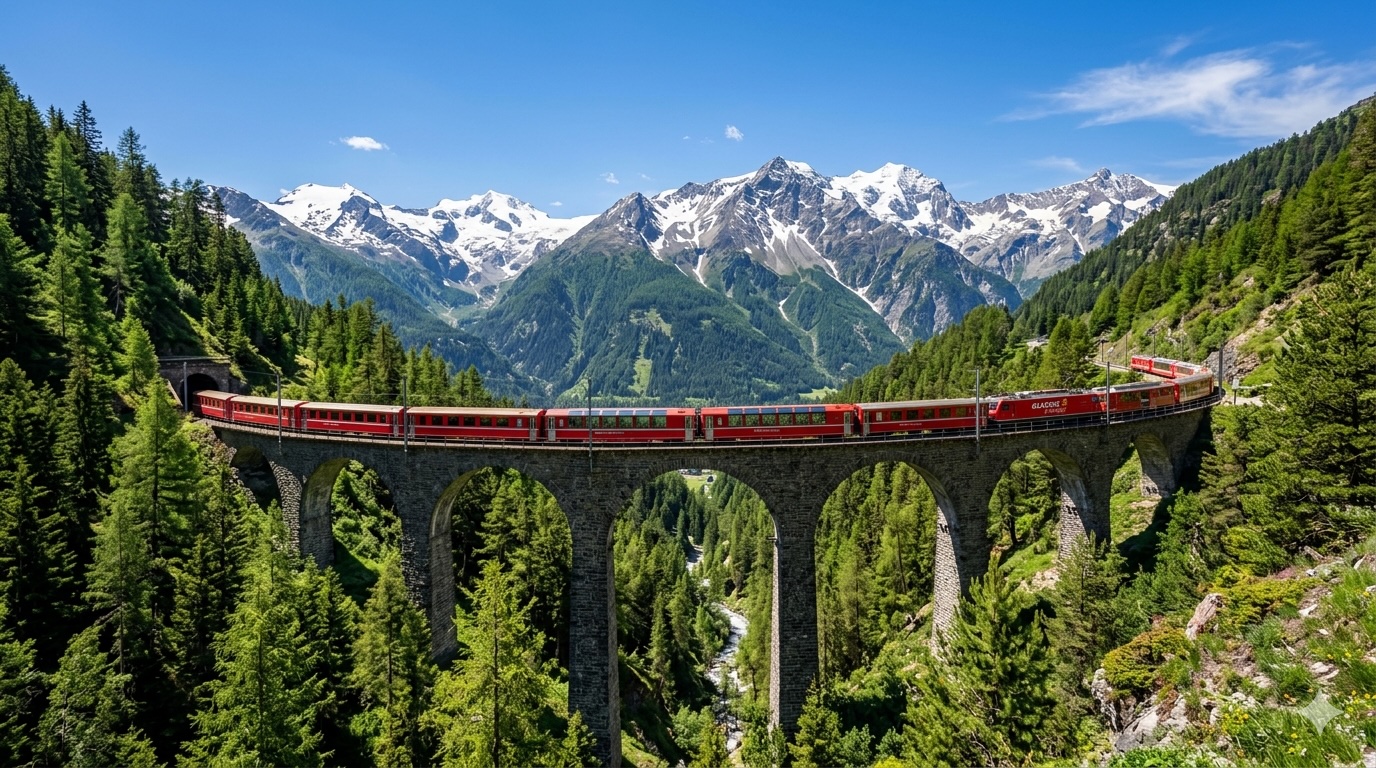 A bright red Swiss scenic train crossing the historic stone Landwasser Viaduct surrounded by lush pine trees and majestic mountains, representing the best places to visit in Switzerland.