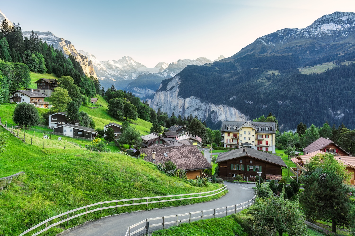 Scenery of Wengen mountain village with Lauterbrunnen valley and Jungfrau mountain