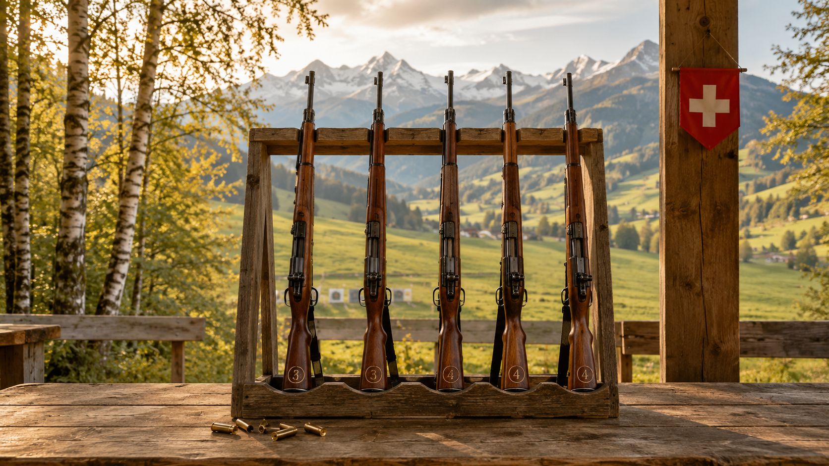 Swiss rifles standing in a wooden rack at an outdoor Feldschiessen shooting range in the Swiss countryside — Switzerland has approximately 2.3 million civilian firearms yet recorded just 10 gun homicides in 2024