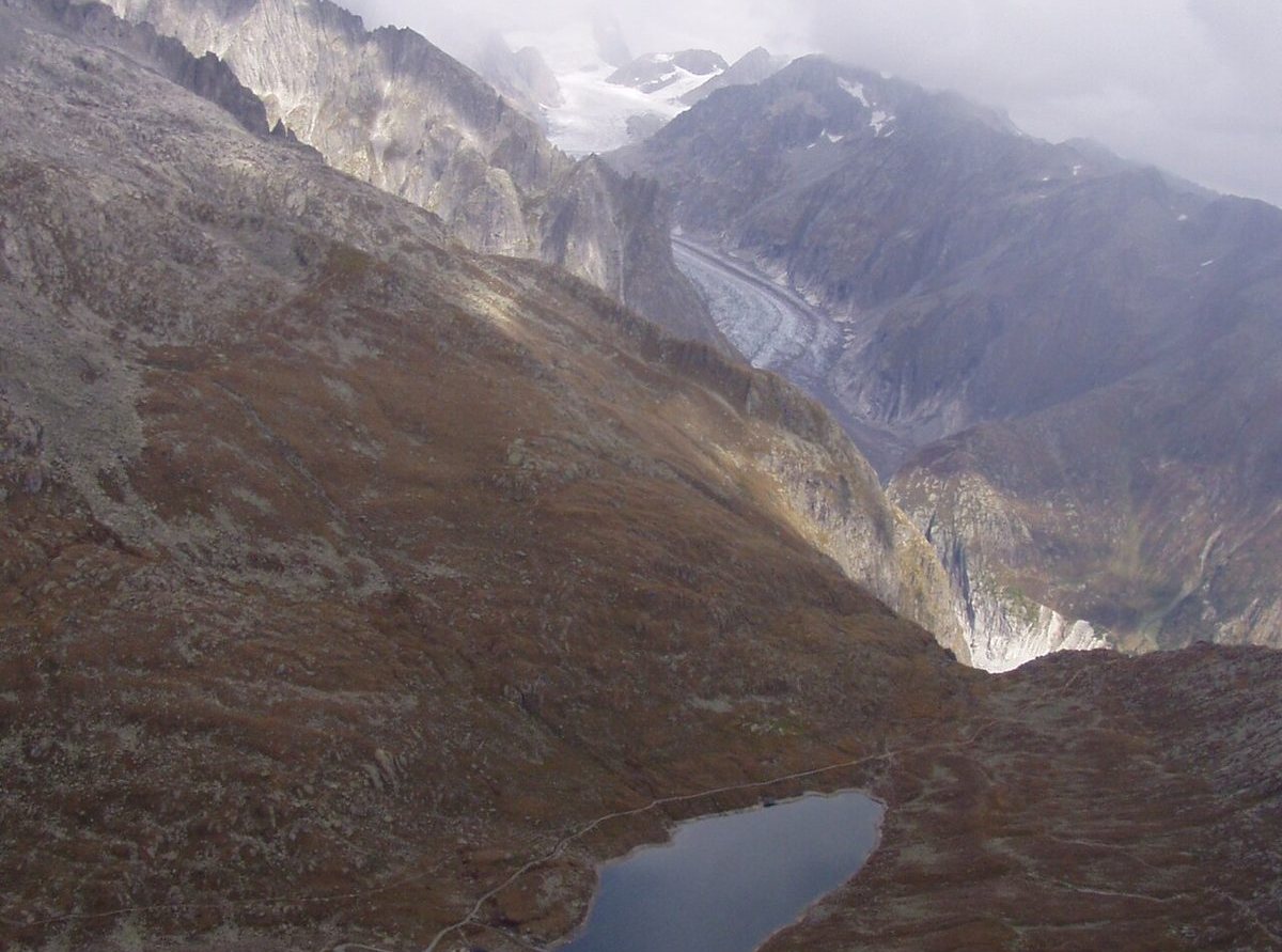 Märjelensee in 2009 seen from the Eggishorn: a small lake in a bare valley, with the glacier far below