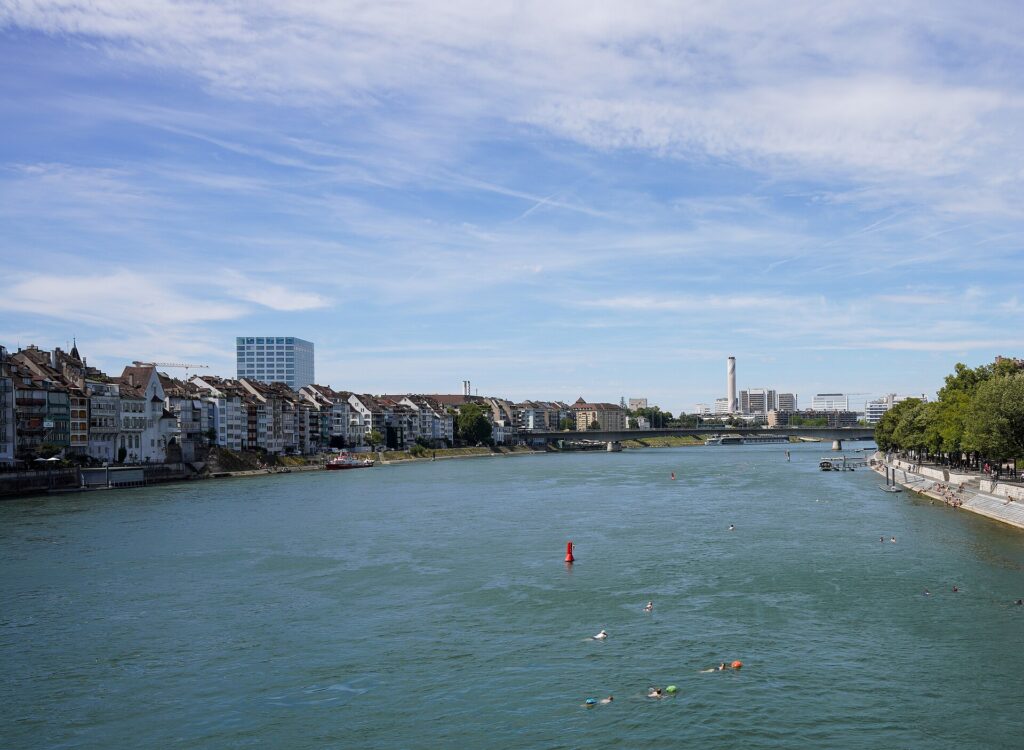 The Rhine flowing through Basel's historic centre