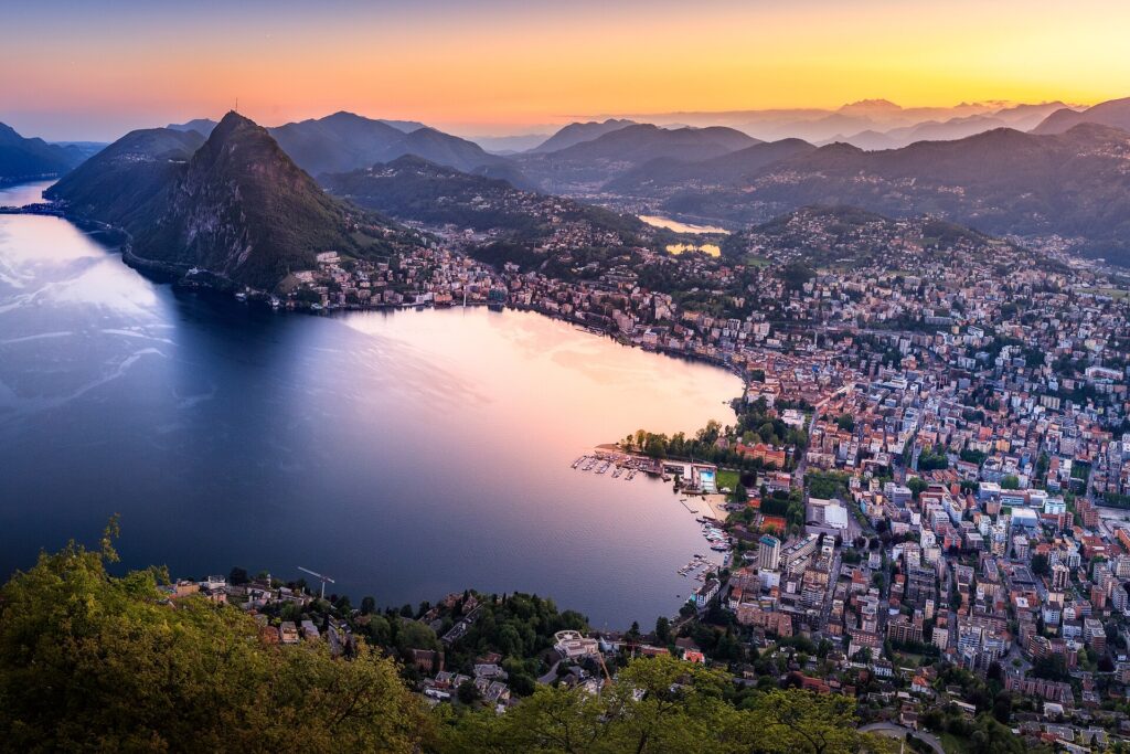 Lugano and Lake Lugano at sunset