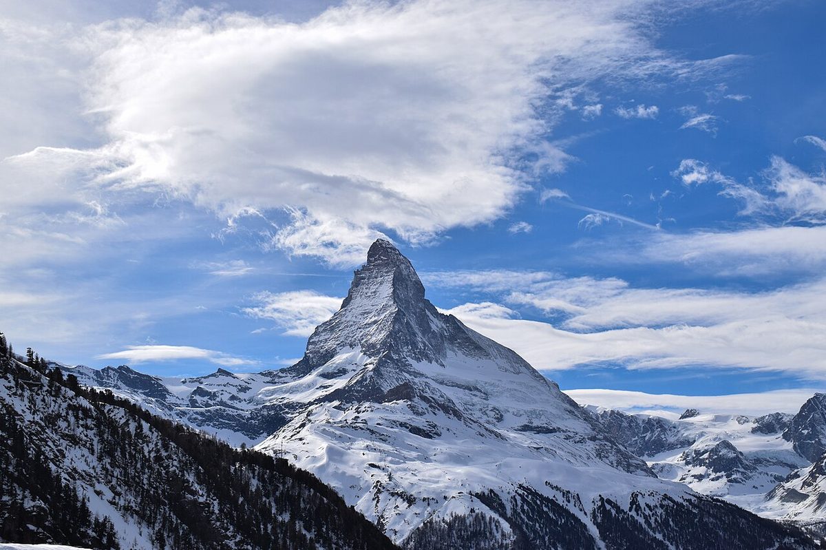 The pyramid of the Matterhorn in winter, its upper faces made of African gneiss