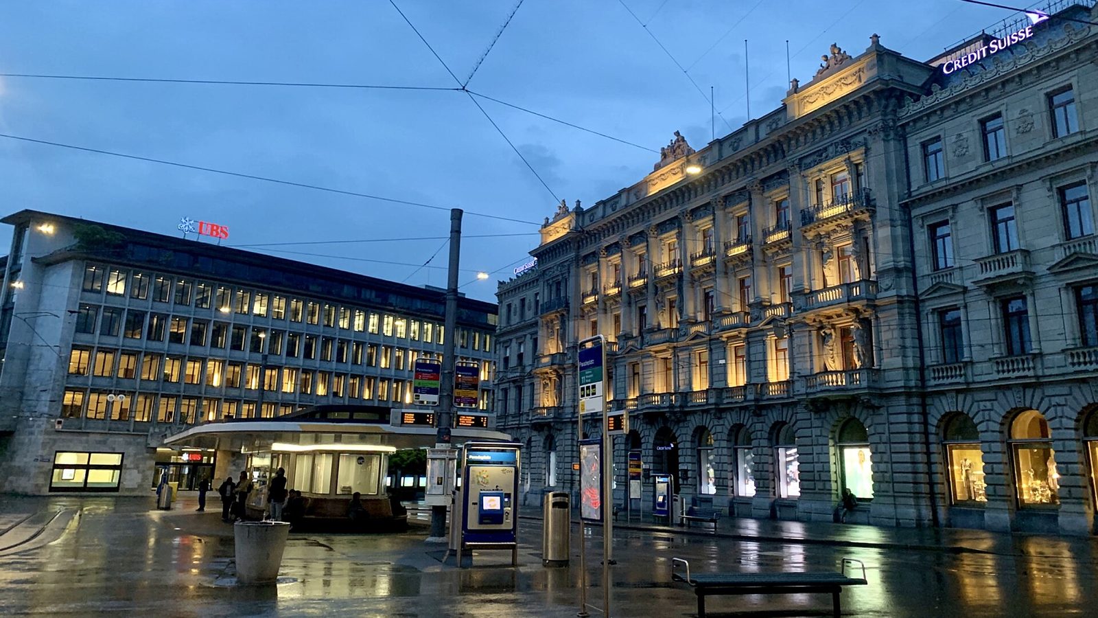 Swiss banking secrecy: the UBS and Credit Suisse buildings on Paradeplatz in Zurich at dusk