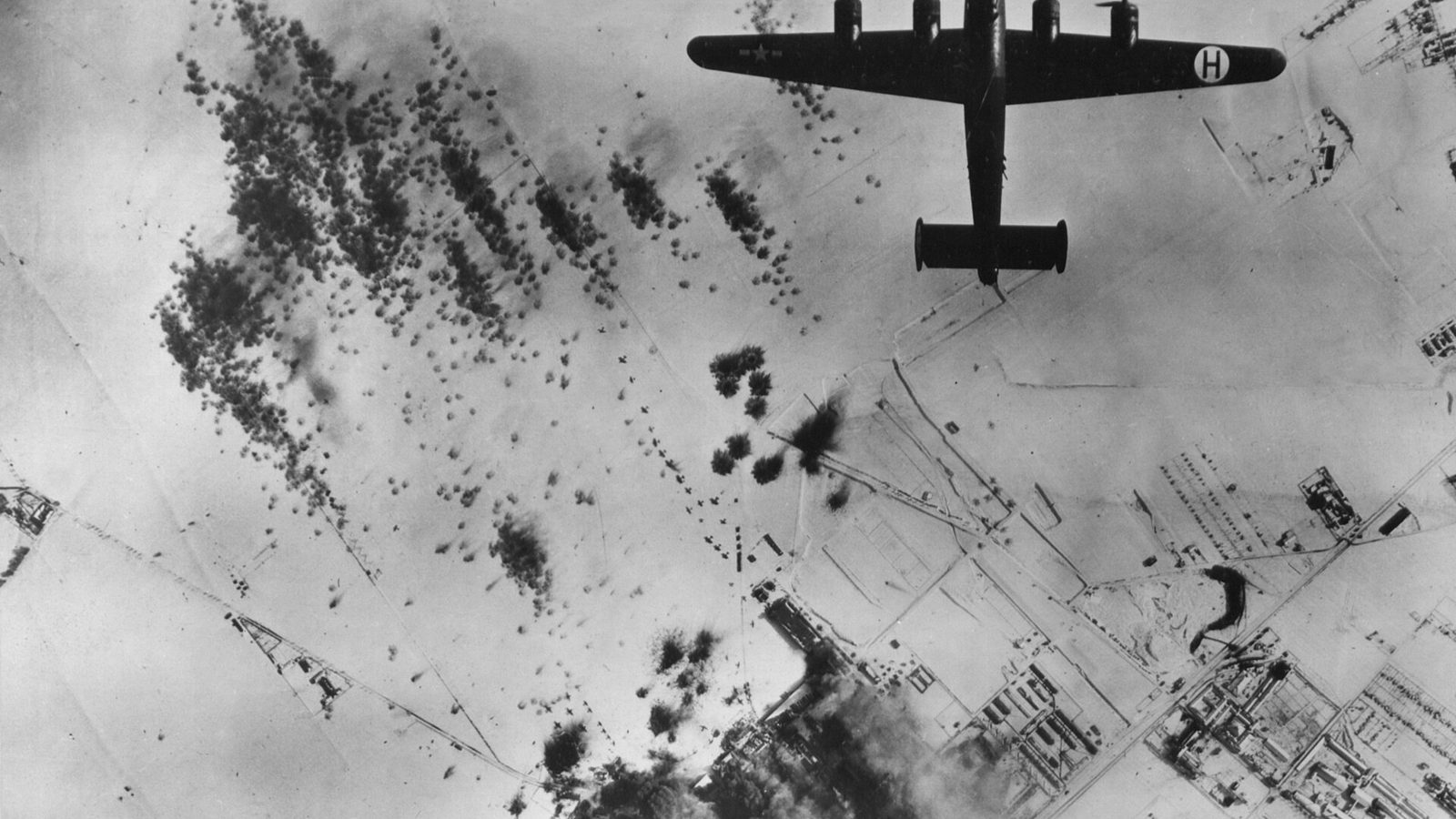 A US B-24 Liberator bomber over a target in Germany in February 1944, the type of aircraft that bombed Schaffhausen