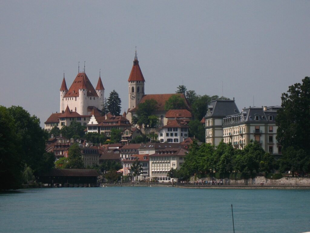 Thun Castle, the town church and the Aare river