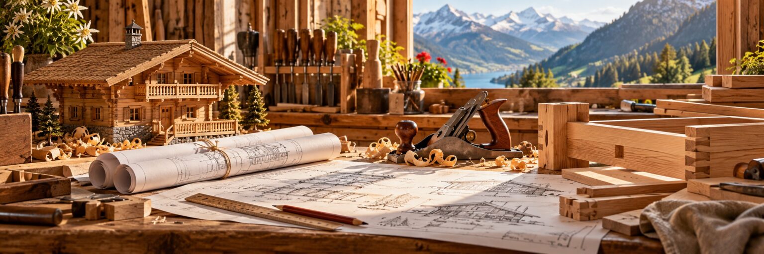 Woodworking plans, hand tools and a model Alpine chalet on a sunlit workshop bench